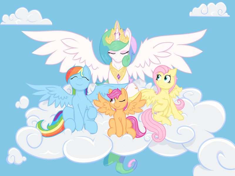 Size: 2000x1500 | Tagged: artist:geomancing, cloud, cloudy, derpibooru import, eyes closed, fluttershy, one eye closed, princess celestia, rainbow dash, safe, scootaloo, spread wings