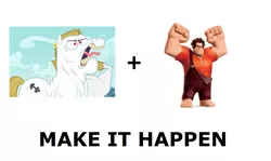 Size: 1337x796 | Tagged: safe, derpibooru import, bulk biceps, all caps, exploitable meme, make it happen, meme, meta, wreck-it ralph