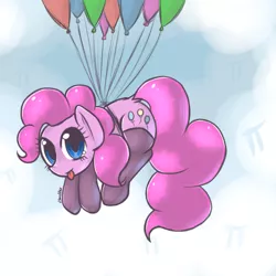 Size: 1000x1000 | Tagged: safe, artist:eshredder, derpibooru import, pinkie pie, :p, balloon, clothes, cloud, dock, looking at you, pi, sky, socks, solo, stockings, then watch her balloons lift her up to the sky, tongue out