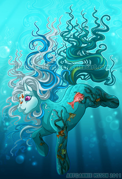 Size: 600x879 | Tagged: safe, artist:anniemsson, derpibooru import, earth pony, fish, hybrid, pony, g3, art pony, blue background, bubble, crepuscular rays, cute, digital art, female, flowing mane, flowing tail, image, jpeg, mare, open mouth, open smile, pink eyes, seaweed, simple background, smiling, solo, sunlight, swimming, tail, underwater, underwater pony, watermark