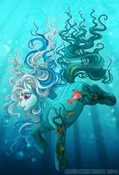 Size: 600x879 | Tagged: safe, artist:anniemsson, derpibooru import, earth pony, fish, hybrid, pony, g3, art pony, blue background, bubble, crepuscular rays, cute, digital art, female, flowing mane, flowing tail, image, jpeg, mare, open mouth, open smile, pink eyes, seaweed, simple background, smiling, solo, sunlight, swimming, tail, underwater, underwater pony, watermark