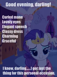 Size: 691x930 | Tagged: bed, bedroom, bedroom eyes, bedroom ponies, bronybait, caption, clothes, derpibooru import, dress, rarity, suggestive