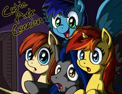 Size: 1650x1276 | Tagged: safe, artist:latecustomer, derpibooru import, oc, oc:bernd, oc:bright ember, oc:caramel curve, oc:electroshock, unofficial characters only, earth pony, pegasus, pony, unicorn, computer, computer screen, cutie art crusaders, female, male, mare, open mouth, smiling, spread wings, stallion, wings