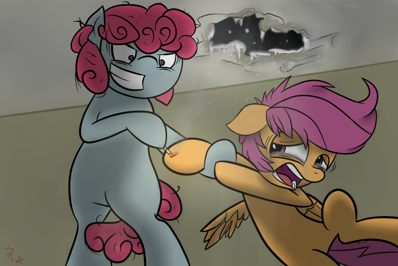 Size: 1024x683 | Tagged: dead source, grimdark, artist:cryoman3000, derpibooru import, scootaloo, oc, earth pony, pegasus, pony, fanfic, abuse, bipedal, crying, female, filly, mare, scootabuse