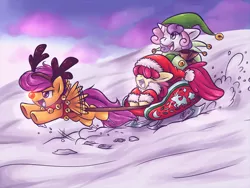 Size: 1024x768 | Tagged: safe, artist:fizzy-dog, derpibooru import, apple bloom, scootaloo, sweetie belle, earth pony, elf, pegasus, pony, unicorn, :d, adorabloom, animal costume, antlers, christmas, clothes, cosplay, costume, cute, cutealoo, cutie mark crusaders, dawwww, diasweetes, elf costume, eyes closed, female, filly, flapping, floppy ears, flying, happy, hat, hnnng, holiday, hoof hold, open mouth, parody, red nose, reindeer antlers, reindeer costume, reins, rudolph the red nosed reindeer, running, santa costume, santa hat, sleigh, smiling, smirk, snow, trio, underhoof
