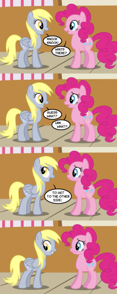 Size: 800x2000 | Tagged: safe, artist:faikie, derpibooru import, derpy hooves, pinkie pie, pegasus, pony, comic, female, joke, mare