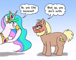 Size: 920x720 | Tagged: artist needed, atheism, banana, derpibooru import, ponified, princess celestia, source needed, suggestive, the amazing atheist, trollestia