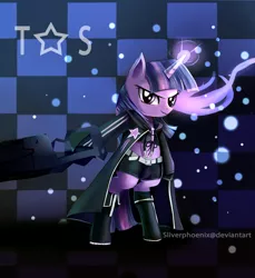 Size: 800x872 | Tagged: artist:incinerater, bipedal, black rock shooter, cannon, clothes, cosplay, costume, derpibooru import, glowing horn, jacket, looking at you, parody, safe, twilight sparkle, weapon