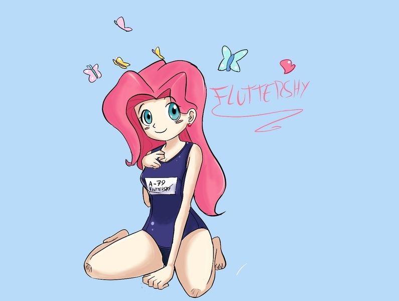 Size: 1363x1029 | Tagged: artist:gabidansk, clothes, fluttershy, humanized, one-piece swimsuit, safe, school swimsuit, skinny, sukumizu, swimsuit