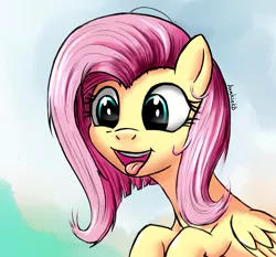 Size: 800x744 | Tagged: safe, artist:junkiekb, derpibooru import, fluttershy, pony, alternate hairstyle, cute, open mouth, short hair, shyabetes, silly, silly pony, solo, tongue out