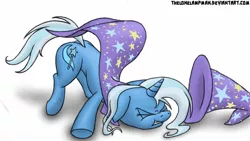 Size: 1366x768 | Tagged: safe, artist:thelonelampman, derpibooru import, trixie, pony, magic duel, :t, eyes closed, face down ass up, faceplant, floppy ears, gritted teeth, solo, tripsie