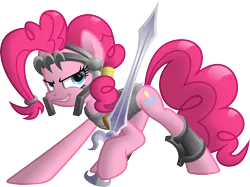 Size: 3153x2364 | Tagged: safe, artist:ratchethun, derpibooru import, pinkie pie, earth pony, pony, armor, lidded eyes, looking back, simple background, solo, sword, transparent background, vector, warrior, weapon