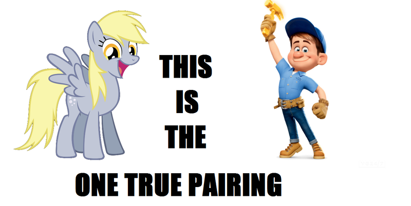 Size: 1366x685 | Tagged: safe, artist:fineartobserver, derpibooru import, derpy hooves, pegasus, pony, all caps, crack shipping, derp-it, exploitable meme, female, fix-it felix jr., image macro, impact font, mare, otp, underp, wreck-it ralph