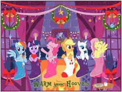 Size: 3600x2700 | Tagged: safe, artist:steve thomas, derpibooru import, official, applejack, fluttershy, pinkie pie, rainbow dash, rarity, twilight sparkle, earth pony, pegasus, pony, unicorn, candy, candy cane, christmas, christmas decoration, christmas lights, christmas stocking, cookie, cute, eyes closed, female, fireplace, food, holiday, holly, implied princess celestia, indoors, lidded eyes, looking at you, mane six, mare, milk, open mouth, print, raised hoof, santa claus, silhouette, smiling, sock, table, warm your hooves, windows