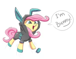 Size: 1942x1507 | Tagged: safe, artist:junkiekb, derpibooru import, fluttershy, pegasus, pony, rabbit, bunny ears, clothes, cute, dangerous mission outfit, female, happy, hoodie, jumping, mare, open mouth, shyabetes, silly, silly pony, simple background, smiling, solo, weapons-grade cute, white background