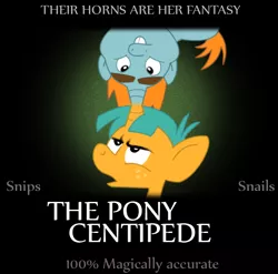 Size: 608x600 | Tagged: safe, artist:sasfalcon, derpibooru import, snails, snips, pony, unicorn, magic duel, colt, conjoined by horn, male, parody, the human centipede