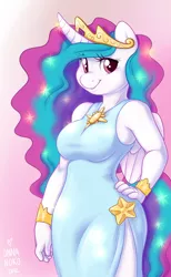 Size: 676x1100 | Tagged: alicorn, anthro, artist:onnanoko, clothes, curvy, cute, cutelestia, derpibooru import, dress, female, jewelry, princess celestia, safe, solo