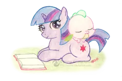 Size: 600x398 | Tagged: artist:emfen, baby dragon, baby spike, book, cute, derpibooru import, filly, filly twilight sparkle, looking at you, prone, safe, simple background, smiling, spike, transparent background, twilight sparkle