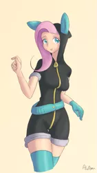 Size: 587x1042 | Tagged: artist:alasou, bunny ears, clothes, cute, dangerous mission outfit, derpibooru import, female, fluttershy, gloves, hoodie, humanized, safe, simple background, socks, solo, thigh highs