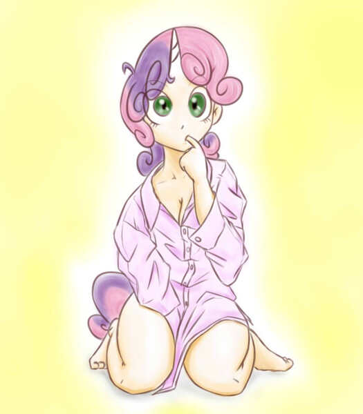 Size: 700x800 | Tagged: artist:flowersimh, bottomless, clothes, cute, diasweetes, eye clipping through hair, horned humanization, human, humanized, kneeling, oversized clothes, oversized shirt, safe, shirt, sitting, solo, sweetie belle, tailed humanization, teenager