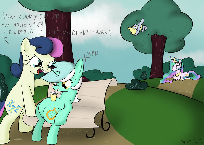 Size: 1400x1000 | Tagged: safe, artist:rodolfomushi, derpibooru import, bon bon, derpy hooves, lyra heartstrings, princess celestia, sweetie drops, pegasus, pony, atheism, bench, bon bon is not amused, female, mare, pinklestia, sitting lyra, trollestia, trollface