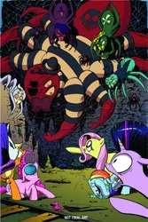 Size: 300x450 | Tagged: safe, artist:andypriceart, derpibooru import, idw, applejack, f'wuffy, fluttershy, pinkie pie, rainbow dash, rarity, twilight sparkle, earth pony, pegasus, pony, spider, tarantula, unicorn, the return of queen chrysalis, spoiler:comic, spoiler:comic02, covering eyes, crying, cutie mark, derpy spider, eyepatch, female, fluttershy being fluttershy, hat, male, mare, official comic, scared, textless, top hat, unicorn twilight