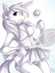 Size: 648x864 | Tagged: anthro, artist:qiisnii, breasts, cleavage, clothes, derpibooru import, female, monochrome, princess luna, skirt, solo, solo female, suggestive, tennis, upskirt