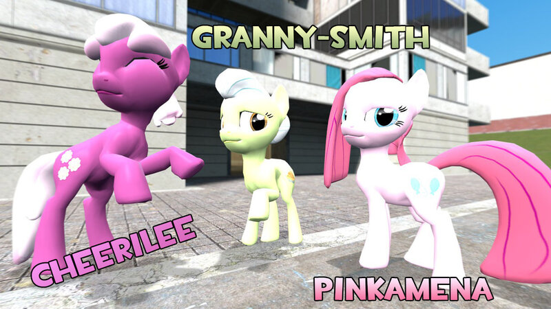 Size: 1191x670 | Tagged: 3d, artist:gonzalolog, cheerilee, derpibooru import, downloadable, gmod, granny smith, pinkamena diane pie, pinkie pie, safe