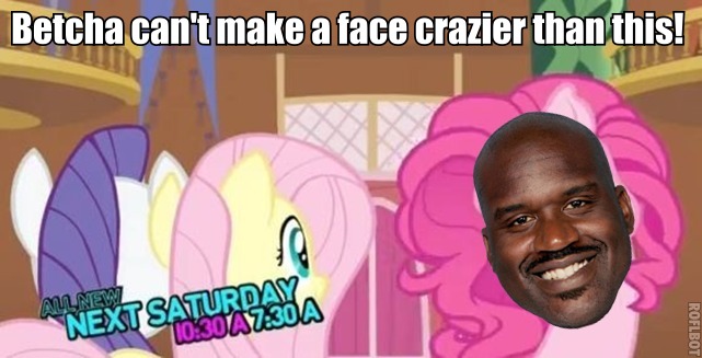 Size: 641x327 | Tagged: edit, edited screencap, exploitable meme, face crazier than this meme, fluttershy, meme, pinkie blind, pinkie pie, rarity, safe, screencap, shaquille o'neal, text, too many pinkie pies