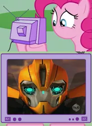 Size: 563x771 | Tagged: safe, derpibooru import, pinkie pie, pony, bumblebee, exploitable meme, hub logo, meme, no mouth, transformers, tv meme