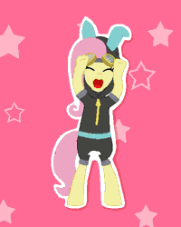 Size: 400x500 | Tagged: safe, artist:tomdantherock, derpibooru import, part of a set, fluttershy, pegasus, pony, animated, bipedal, bunny ears, caramelldansen, clothes, cute, dangerous mission outfit, eyes closed, female, goggles, hoodie, loop, mare, open mouth, shyabetes, smiling, solo