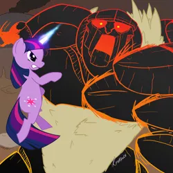 Size: 1350x1350 | Tagged: artist:krekka01, crossover, derpibooru import, lava monster, magma giant, molten giant, safe, samurai jack, twilight sparkle, viking