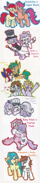 Size: 900x4099 | Tagged: dead source, safe, artist:enigmaticfrustration, derpibooru import, apple bloom, diamond tiara, dinky hooves, liza doolots, petunia, pipsqueak, rainy feather, ruby pinch, scootaloo, silver spoon, snails, snips, spike, sweetie belle, tootsie flute, twist, dragon, earth pony, pegasus, pony, unicorn, blushing, butt to butt, butt touch, clothes, colt, crying, dinkysnips, female, filly, hilarious in hindsight, lesbian, magician's outfit, male, rainysqueak, rubyflute, scootabloom, shipping, silvertiara, snailstwist, spikebelle, straight