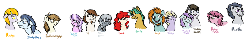 Size: 5928x1000 | Tagged: safe, artist:enigmaticfrustration, derpibooru import, diamond tiara, dinky hooves, featherweight, liza doolots, petunia, pipsqueak, ruby pinch, rumble, shady daze, silver spoon, snails, snips, tootsie flute, truffle shuffle, twist, oc, oc:ruby, earth pony, pegasus, pony, unicorn, story of the blanks, adult, dinkysnips, facial hair, female, floppy ears, glasses, goatee, male, mare, missing accessory, older, older diamond tiara, older dinky hooves, older featherweight, older liza doolots, older petunia, older pipsqueak, older ruby pinch, older rumble, older shady daze, older silver spoon, older snails, older snips, older tootsie flute, older truffle shuffle, older twist, piptiara, shipping, smiling, snailstwist, stallion, straight, tootsieshuffle