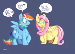 Size: 1280x914 | Tagged: safe, artist:bluntwhiskey, derpibooru import, fluttershy, rainbow dash, dracony, hybrid, pegasus, pony, blue background, eyelashes, eyes closed, female, frown, looking down, mare, offspring, open mouth, pictogram, pregnant, raised hoof, simple background, smiling, speech bubble, spread wings, wide eyes, wings