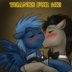 Size: 750x750 | Tagged: artist:jitterbugjive, blushing, derpibooru import, discord whooves, doctor whooves, gay, jack harkness, kissing, male, safe, shipping, stardoc, star hunter, time turner