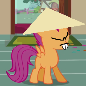 Size: 280x280 | Tagged: conical hat, edit, edited screencap, gook, hat, racism, safe, scootaloo, scootaroo, screencap, teeth, triangle