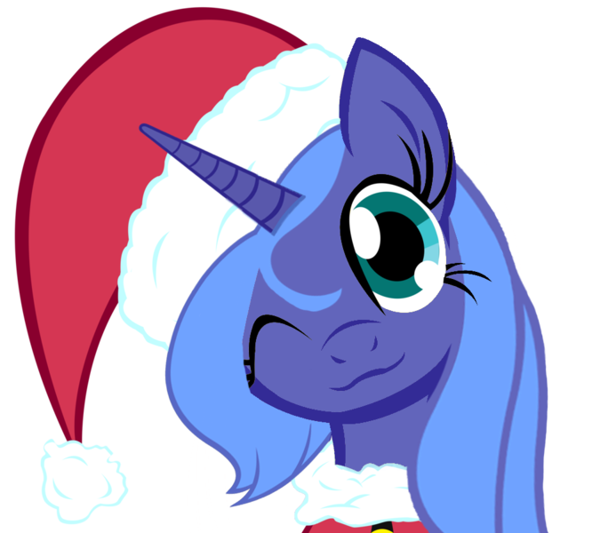 Size: 999x900 | Tagged: artist:themightysqueegee, christmas, christmas ponies, derpibooru import, hat, princess luna, s1 luna, safe, santa hat, simple background, smiling, solo, transparent background, vector, wink