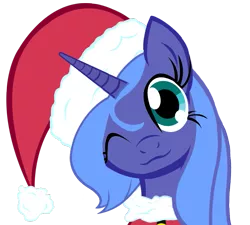 Size: 999x900 | Tagged: artist:themightysqueegee, christmas, christmas ponies, derpibooru import, hat, princess luna, s1 luna, safe, santa hat, simple background, smiling, solo, transparent background, vector, wink