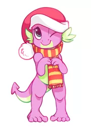 Size: 746x1044 | Tagged: dead source, safe, artist:zonkpunch, derpibooru import, spike, dragon, baby, baby dragon, christmas, clothes, cute, hat, male, one eye closed, one eye open, santa hat, scarf, simple background, spikabetes, warm, white background, wink