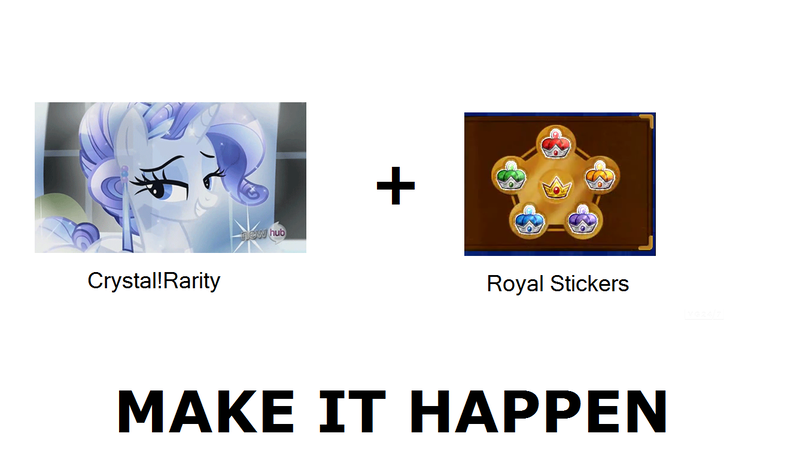 Size: 1337x796 | Tagged: safe, derpibooru import, rarity, crystal pony, pony, unicorn, all caps, crystal rarity, crystallized, exploitable meme, female, make it happen, mare, meme, meta, paper mario, paper mario: sticker star, royal stickers, super mario bros.