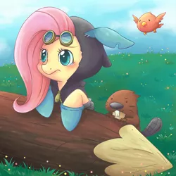 Size: 1200x1200 | Tagged: safe, artist:foxmi, artist:phyllismi, derpibooru import, fluttershy, beaver, bird, pegasus, pony, bunny ears, clothes, collaboration, dangerous mission outfit, female, flutterspy, goggles, hoodie, log, mare, solo