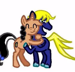 Size: 403x386 | Tagged: safe, derpibooru import, oc, unofficial characters only, pegasus, pony, unicorn, artzaart, eyes closed, facebook, floppy ears, grin, harmonicchaos, hug, kindness, post, random, smiling