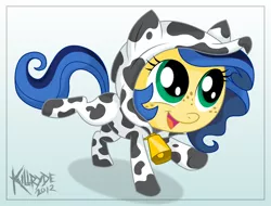 Size: 2100x1600 | Tagged: safe, artist:killryde, derpibooru import, oc, oc:milky way, unofficial characters only, cow, pony, clothes, costume, cow suit, cowprint, cute, female, filly, footed sleeper, mare, ocbetes, pajamas, solo