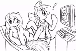 Size: 900x600 | Tagged: safe, artist:tg-0, derpibooru import, nurse redheart, rainbow dash, scootaloo, anthro, pegasus, female, fetish, implied foalcon, lesbian, monochrome, preddash, scootadash, shipping, ultrasonic rainboom, ultrasound, unbirthing, vore, wat