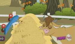 Size: 701x414 | Tagged: safe, derpibooru import, screencap, bessie, scootaloo, cow, sleepless in ponyville, animated, biting, gif, hay, haystack, hub logo, image, plot, tail, tail bite, tail pull