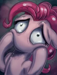 Size: 750x1000 | Tagged: artist:kp-shadowsquirrel, derpibooru import, floppy ears, i have no mouth and i must scream, nightmare fuel, no mouth, no nose, pinkie pie, scared, semi-grimdark, solo, wide eyes