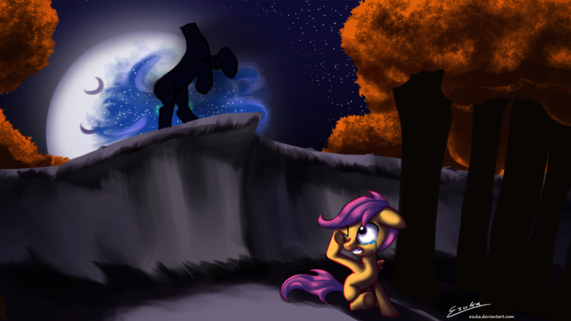 Size: 2000x1125 | Tagged: artist:esuka, dream walker luna, princess luna, safe, scootaloo, sleepless in ponyville