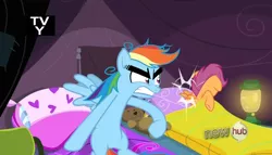 Size: 1074x614 | Tagged: abuse, derpibooru import, edit, edited screencap, eyebrows, rainbow dash, rainbow douche, safe, scootabuse, scootaloo, screencap, sleepless in ponyville, thick eyebrows