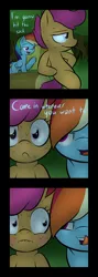 Size: 1000x2800 | Tagged: suggestive, artist:lamia, derpibooru import, rainbow dash, scootaloo, pegasus, pony, sleepless in ponyville, bedroom eyes, blushing, comic, dialogue, female, filly, foal, implied foalcon, implied rape, lesbian, licking, licking lips, mare, scootadash, shipping, sweat, tongue out